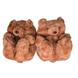Kids Youth Brown Soft Fuzzy Teddy Bear Comfort Lounge House Slippers One Size